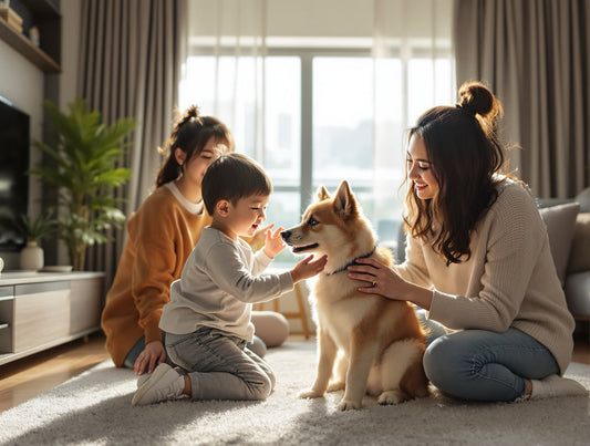 oung child learning gentle pet interaction with small dog under parental supervision in Hong Kong apartment