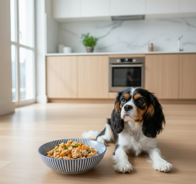 Dog sitting on a wooden floor next to a bowl of food in a kitchen.