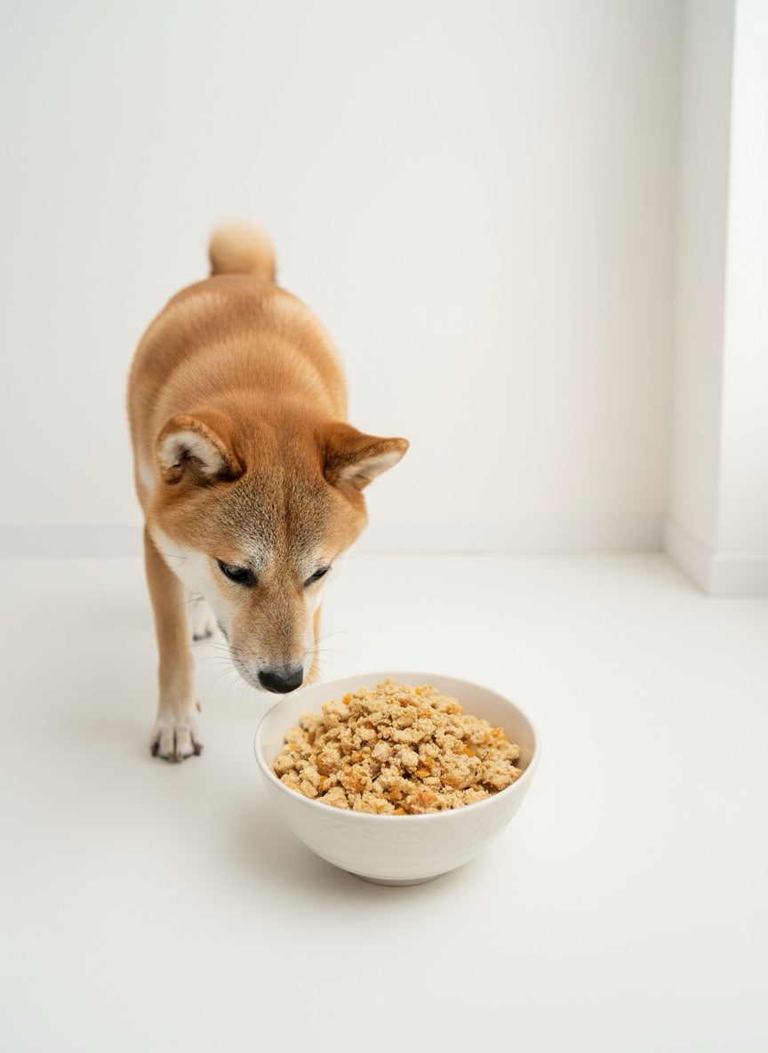 Dog Shiba Inu eating from a bowl of food on a white background