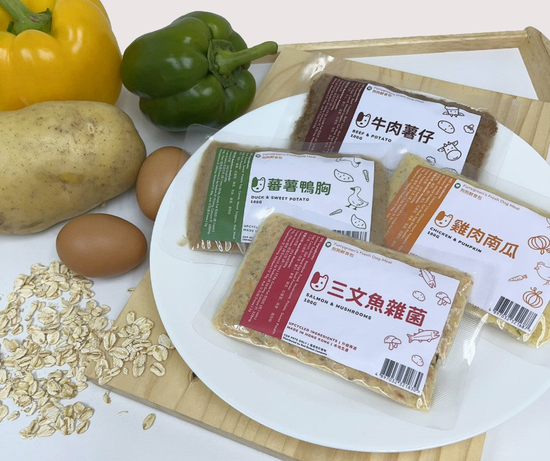 Packs of fresh dog food flavors displayed on a plate with visible ingredients like pumpkin, chicken, sweet potato, and salmon.