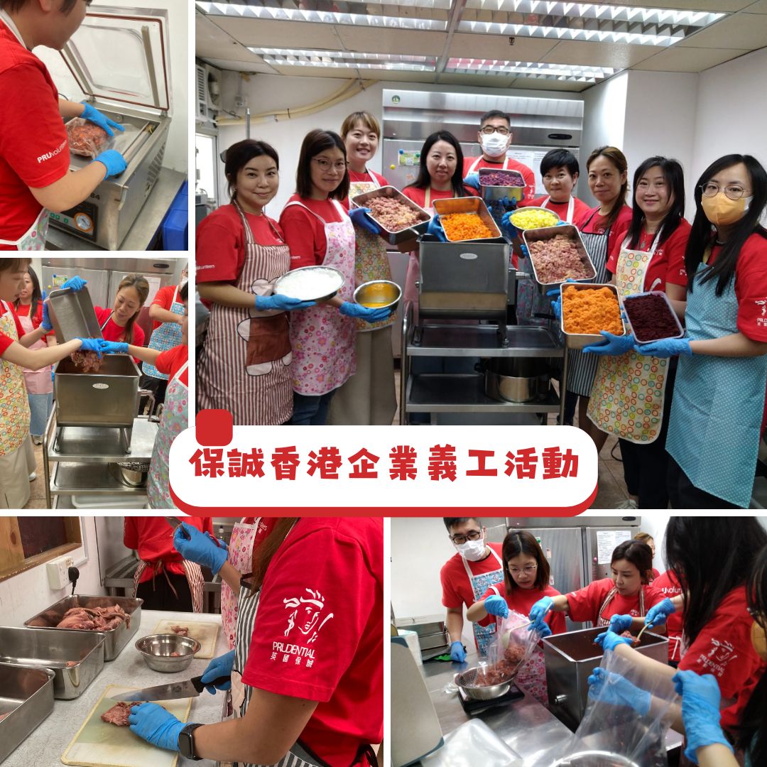 Prudential Hong Kong volunteers working together to prepare fresh pet meals from rescued food ingredients, demonstrating corporate environmental responsibility"