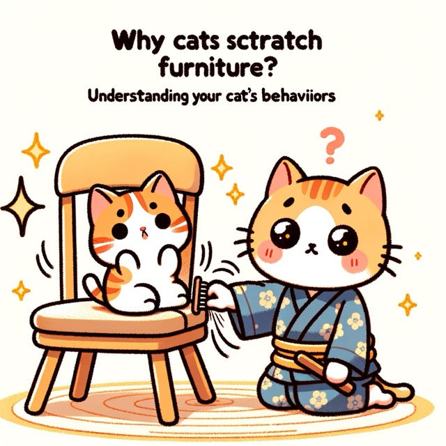 Cat contentedly using a scratching post next to a well-preserved couch in a sunny living room