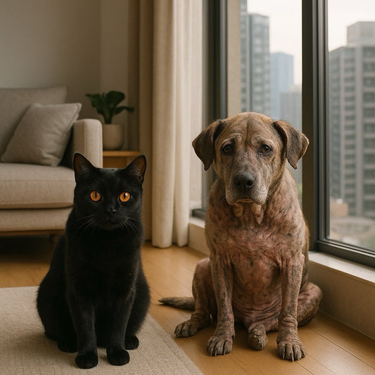 Beautiful black rescue cat with amber eyes and old mix breed dog relaxing by window in contemporary Asian home setting