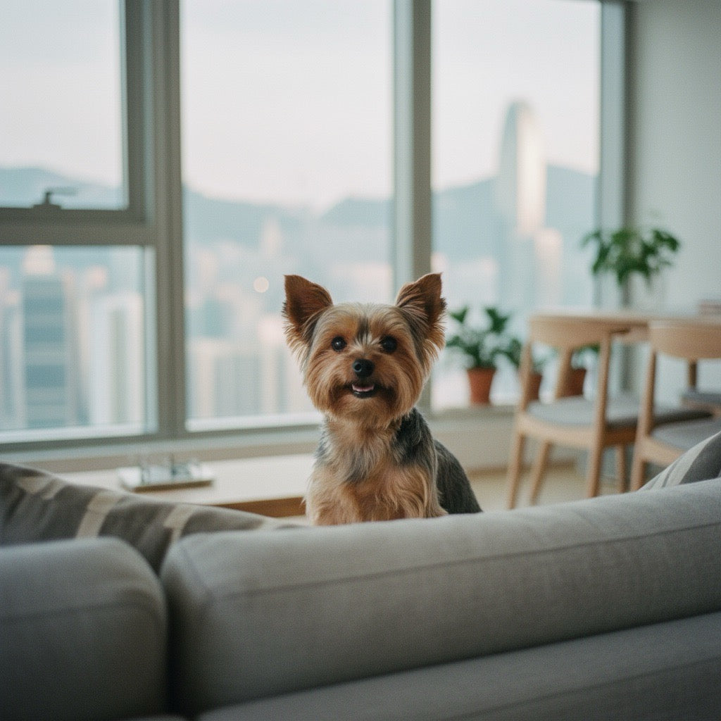 Yorkshire Terrier relaxing in modern Hong Kong apartment with city skyline view, illustrating apartment-friendly small dog lifestyle