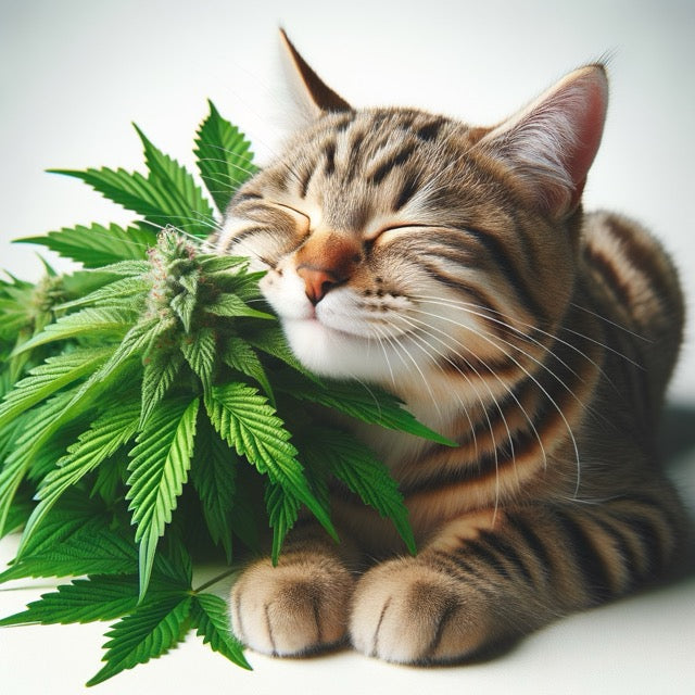 A cute tabby cat rubbing its face on a catnip plant, looking blissful and content.