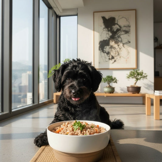 black dog eating fresh meal in Hong Kong apartment