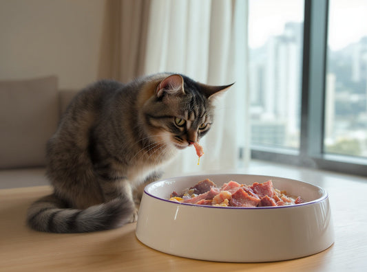 Healthy tabby cat eating fresh food in bright modern apartment setting