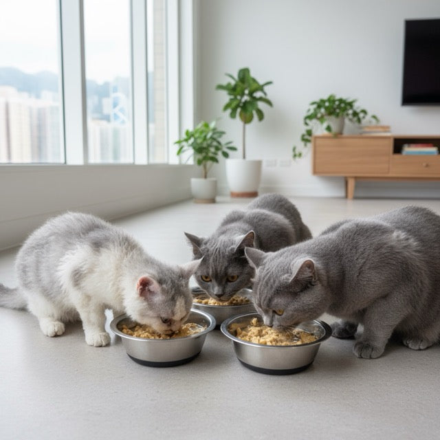 short hair cats eating furry green fresh cat meal