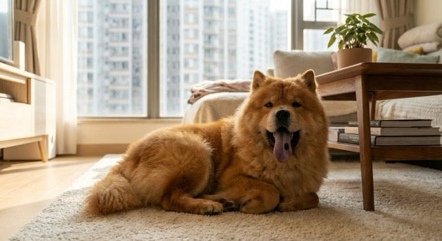Dog Chow Chow yawning with small black pigment spots on its tongue in a home setting