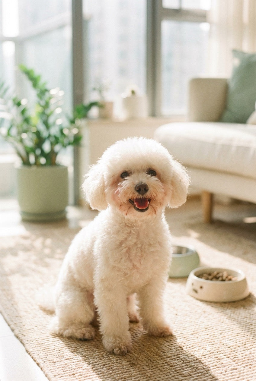 White Toy Poodle with tear stains sitting in a Hong Kong apartment