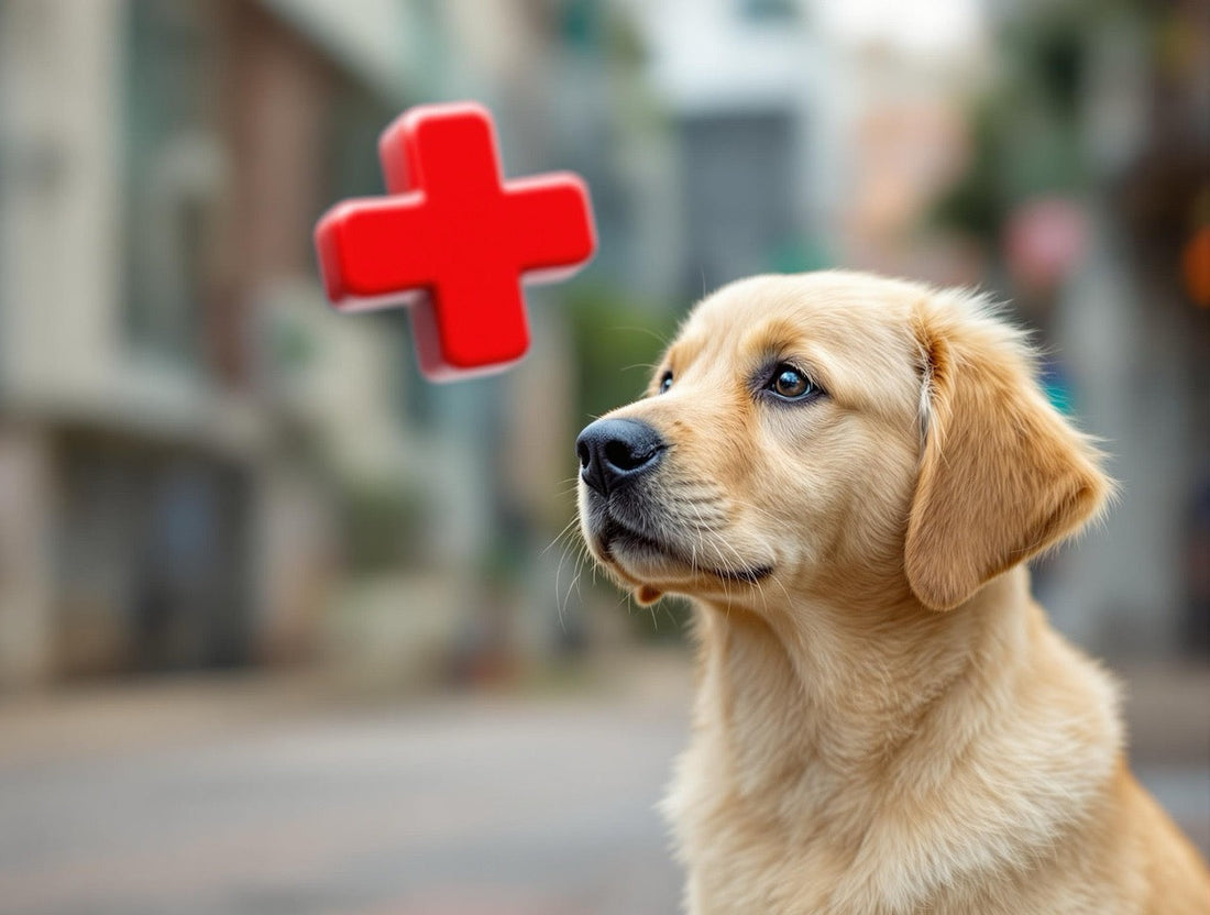 Worried dog with emergency medical symbols showing rat poison awareness in Hong Kong