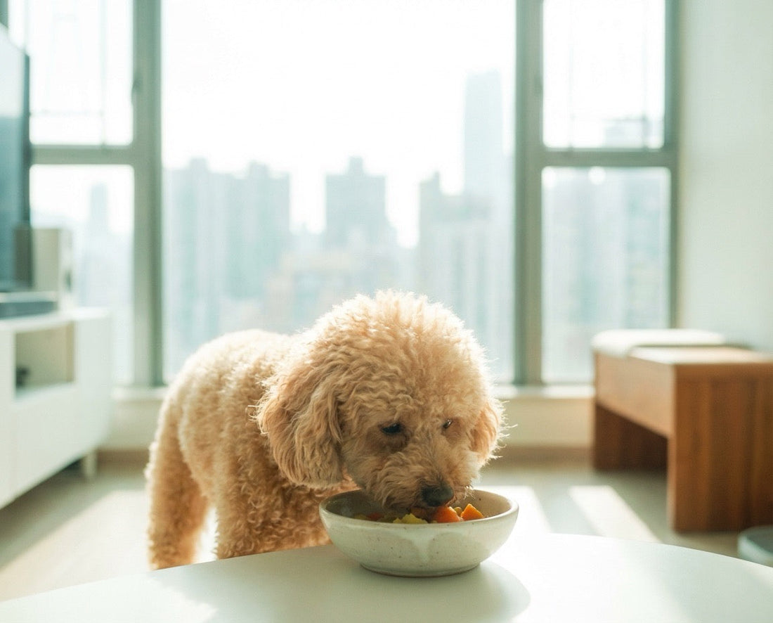 Apricot Toy Poodle eating fresh gently-cooked dog food with fibre-rich vegetables in a bright modern Hong Kong apartmen