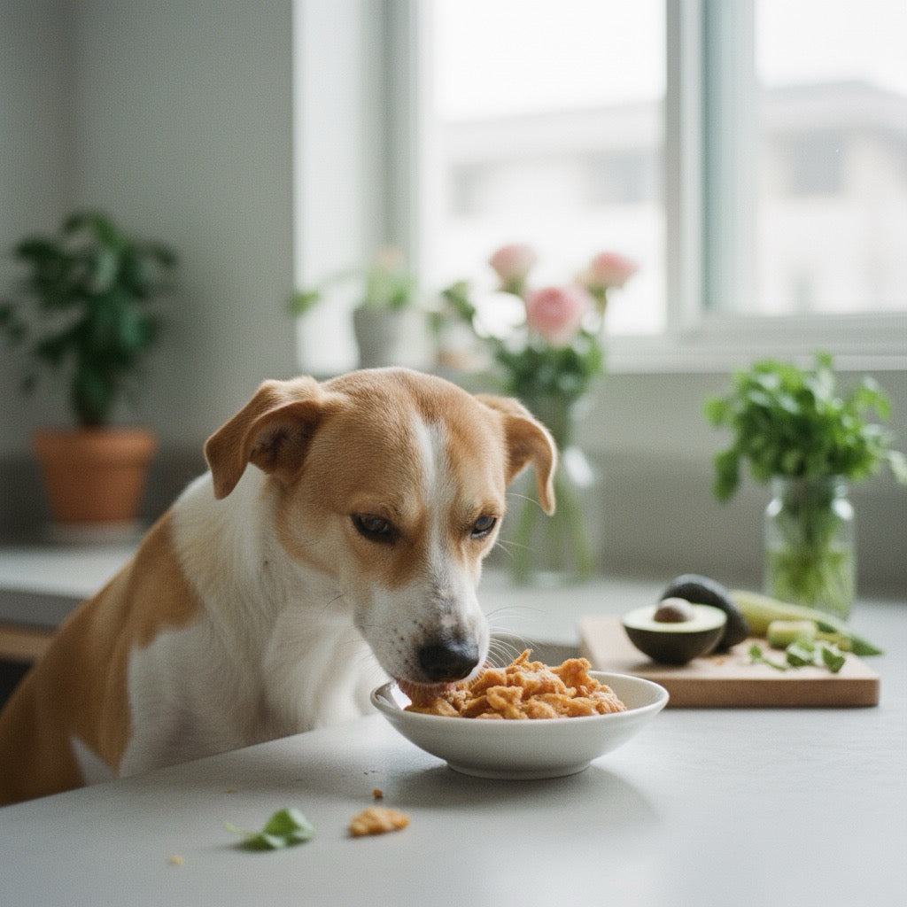 Tong Gau eating homemade carrageenan-free air-dried chicken treats in Hong Kong apartment kitchen with natural lighting