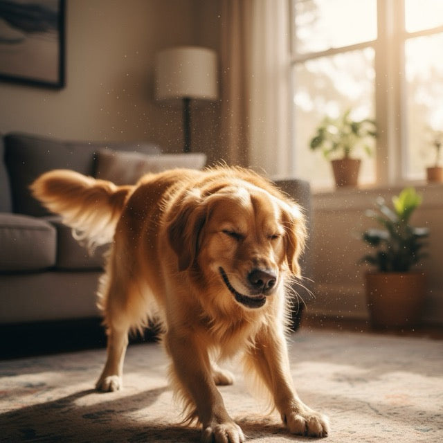 Dog sneezing indoor home, warm lighting