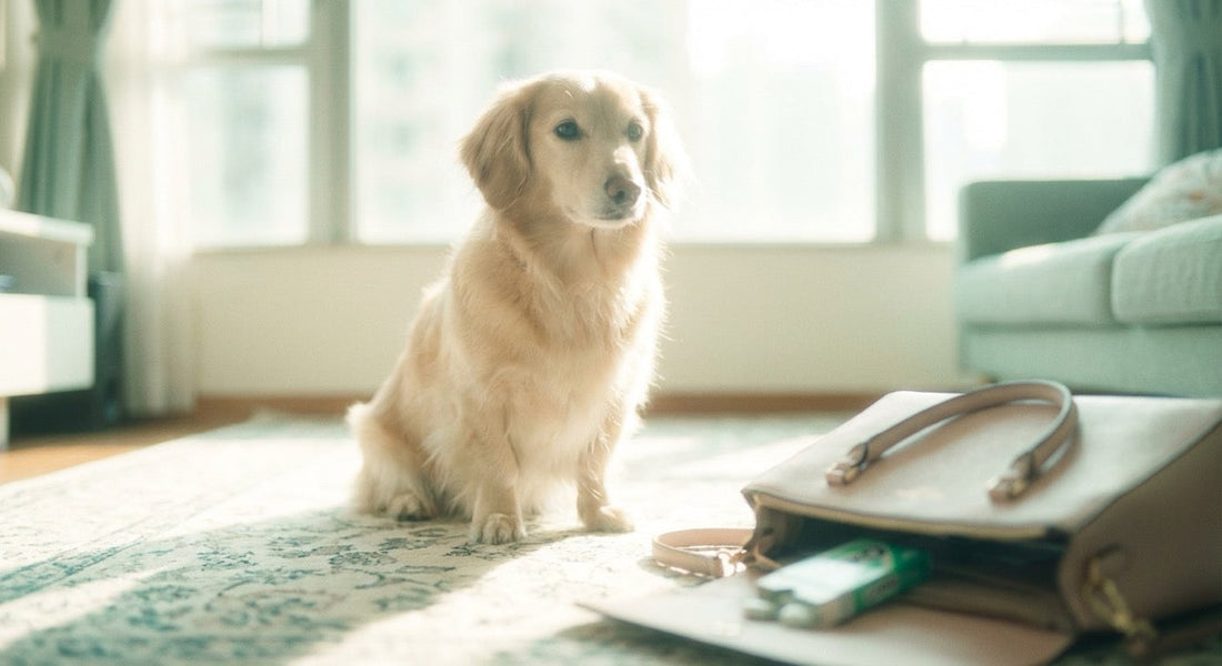 a dog in Hong Kong apartment near a handbag with sugar-free gum, illustrating birch sugar risks