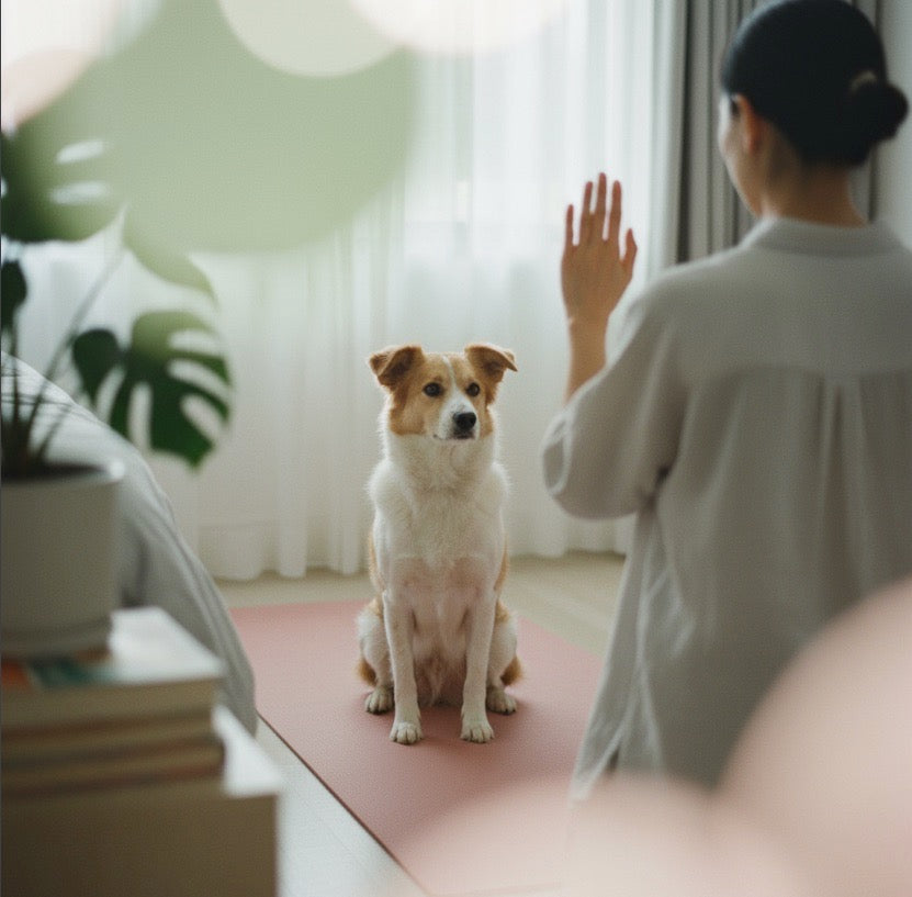 Mixed breed dog practicing stay command during home training session demonstrating impulse control and focus