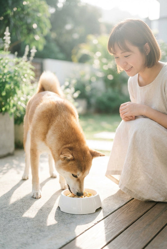 Shiba Inu eating fresh dog food in a modern Hong Kong apartment while owner monitors portion size.