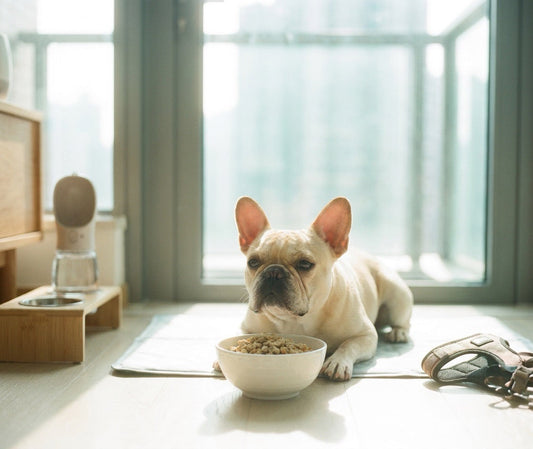 French Bulldog beside fresh food and travel gear, showing summer car safety for dogs in Hong Kong.