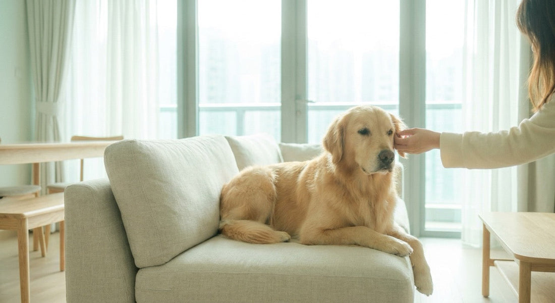Owner checking Golden Retriever for ticks in Hong Kong apartment — tick fever prevention in dogs