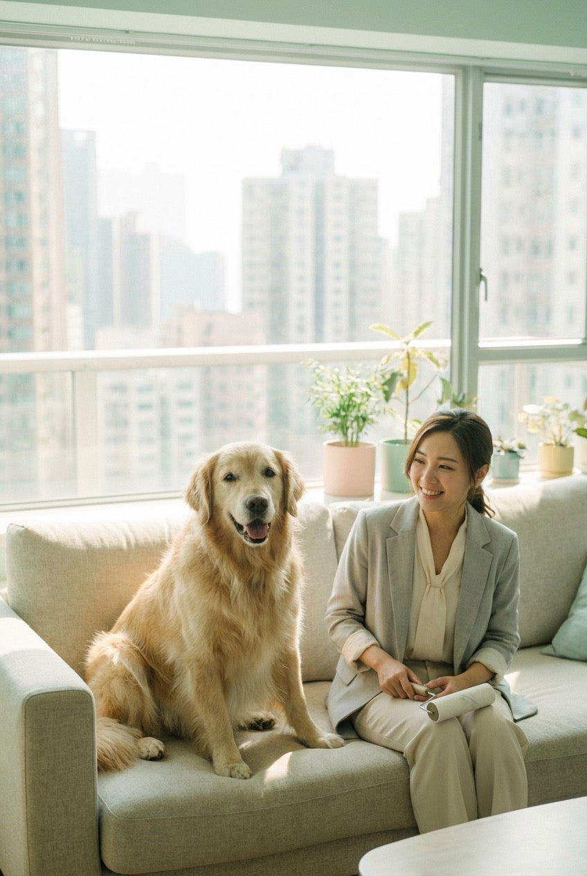 Golden Retriever on sofa in Hong Kong apartment with owner holding lint roller to remove pet hair from clothes