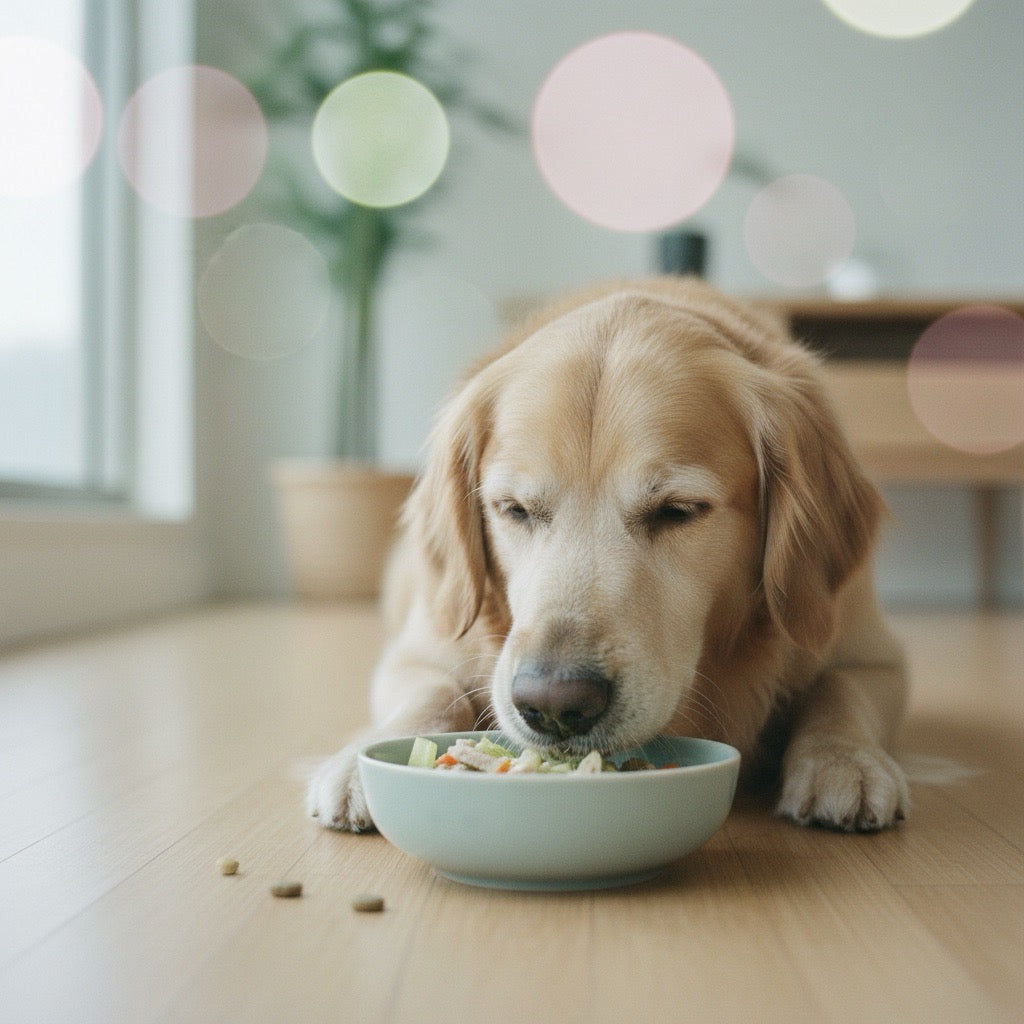 Senior Golden Retriever enjoying fresh gently cooked dog food in Hong Kong home supporting healthy aging nutrition
