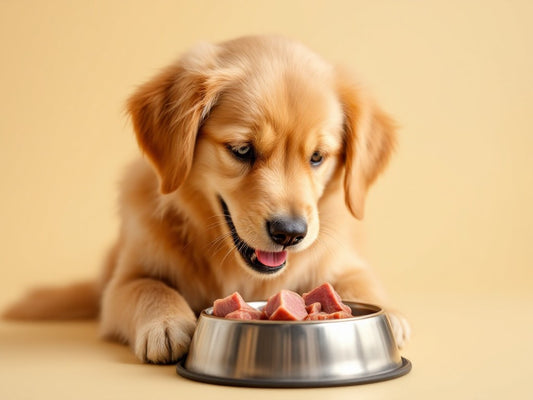 Happy healthy dog enjoying venison-based fresh pet meal in a modern minimalist