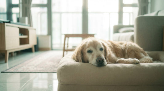 Senior Golden Retriever on orthopedic dog bed in Hong Kong apartment with non-slip carpet runner for joint pain managemen