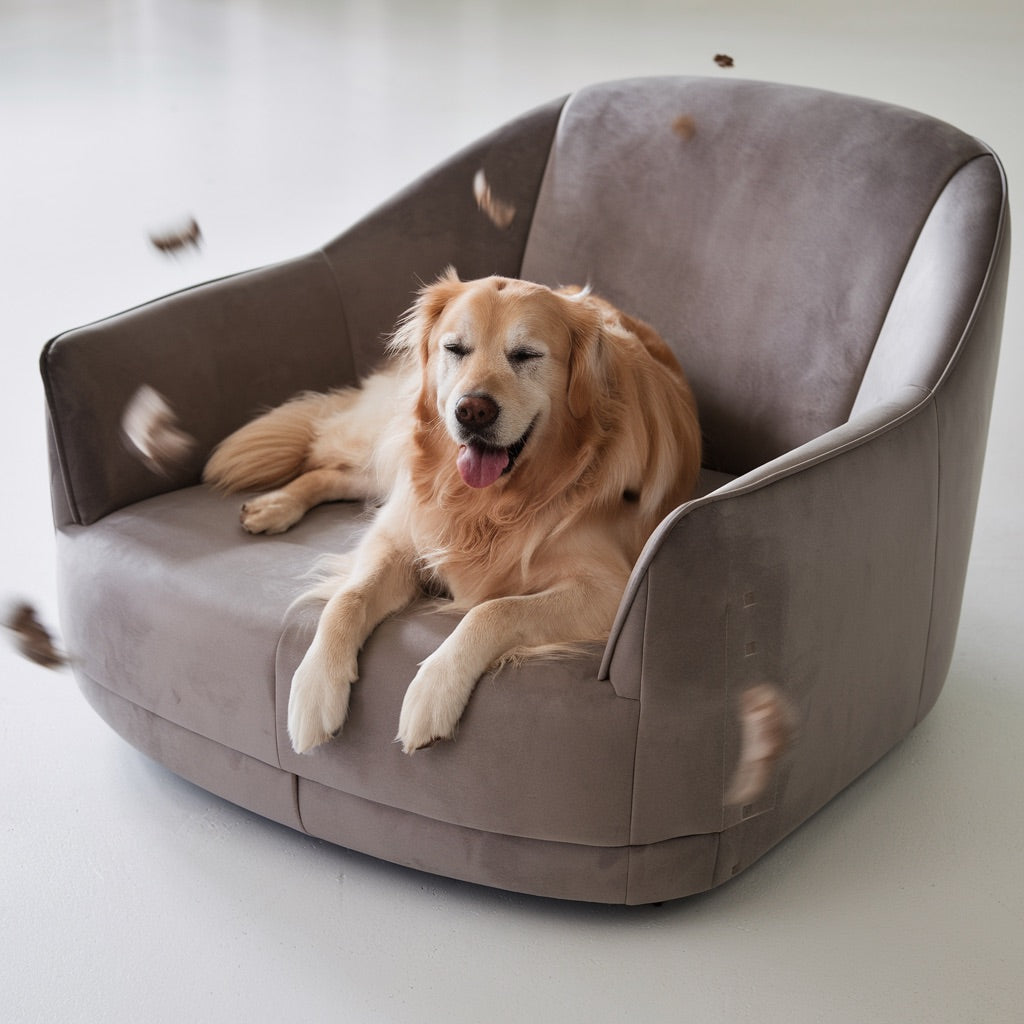 Smiling golden retriever lounging on a clean microfiber sofa with minimal pet hair visible