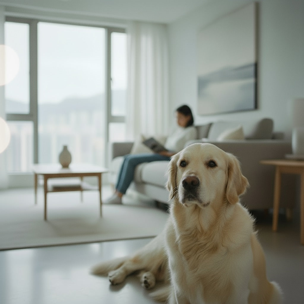 Happy Golden Retriever relaxing peacefully next to sofa in modern Hong Kong apartment living room