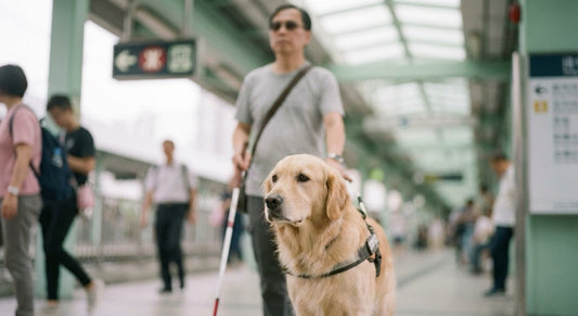 Service dog Golden Retriever guiding handler through Hong Kong MTR station during morning commute