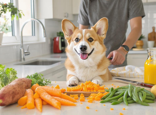 Happy Corgi with his veggie diet