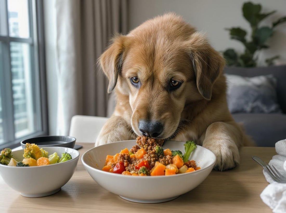 Senior "Tong" dog eating fresh gently cooked dog food 