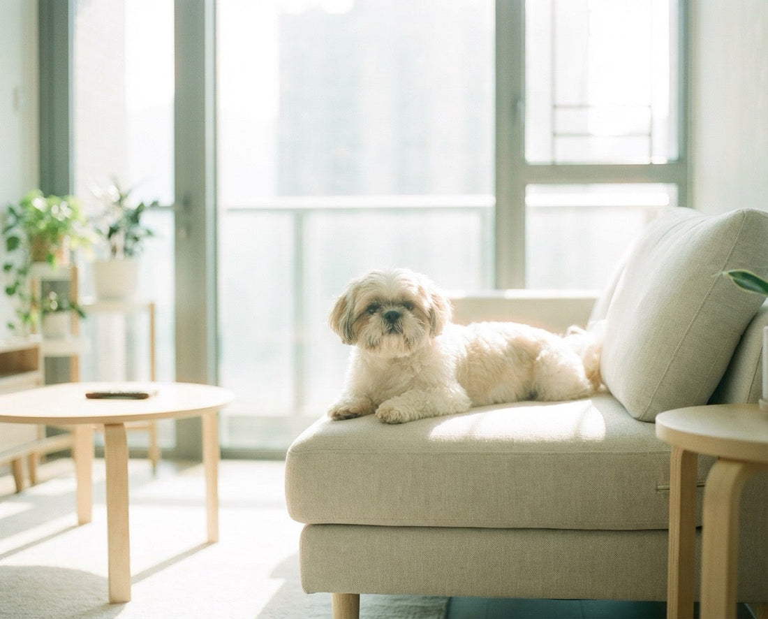 Senior Shih Tzu sleeping on apartment sofa in natural light, illustrating normal senior dog sleep patterns in small urban home