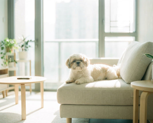 Senior Shih Tzu sleeping on apartment sofa in natural light, illustrating normal senior dog sleep patterns in small urban home