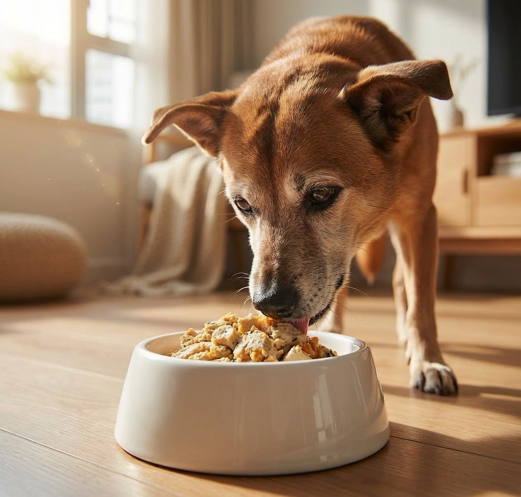 enior Tong Gau dog eating gently cooked dog food in Hong Kong Furry Green Fresh meal easy to digest meal for older dogs