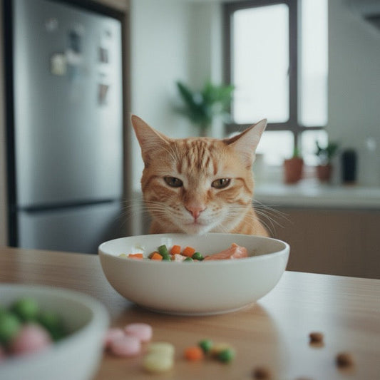 Orange tabby cat eating nutritious fresh cat food with vegetables in bright modern kitchen