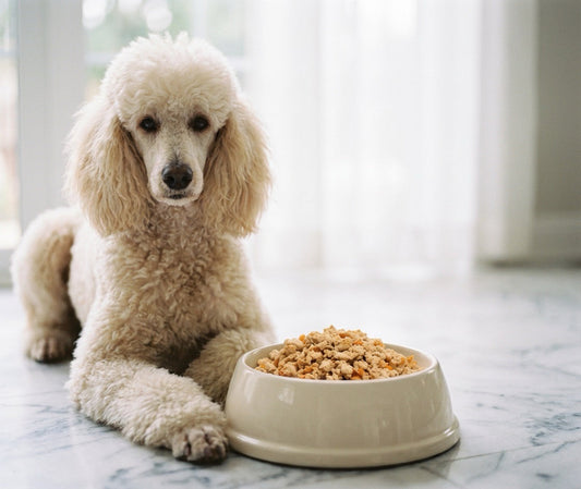 Healthy Standard Poodle eating fresh gently-cooked dog food for sensitive skin in Hong Kong home