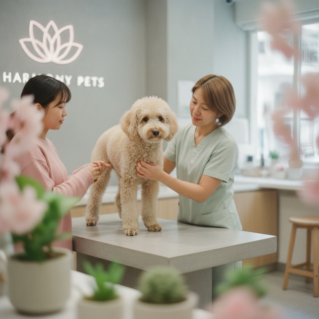 Veterinarian examining healthy Standard Poodle during routine checkup in Hong Kong animal clinic
