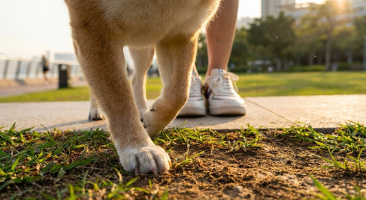 Close up of Shiba Inu paws on grass next to owner in sneakers at Hong Kong park, illustrating parasite exposure risk.