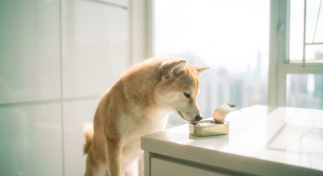 Shiba Inu sniffing human canned food on kitchen counter — can dogs eat human canned food safely