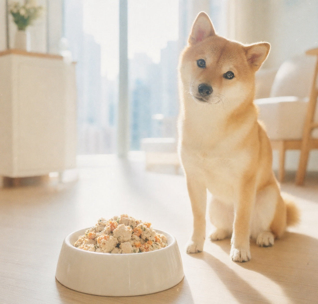 Shiba inu with fresh cooked dog food bowl — grain-free dog food heart disease risk explained for Hong Kong pet owners