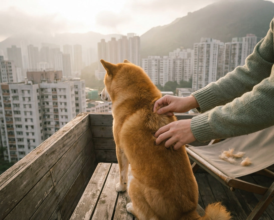 Close-up of Shiba Inu's double coat being checked by owner on a Hong Kong rooftop terrace during spring shedding season, city skyline in background
