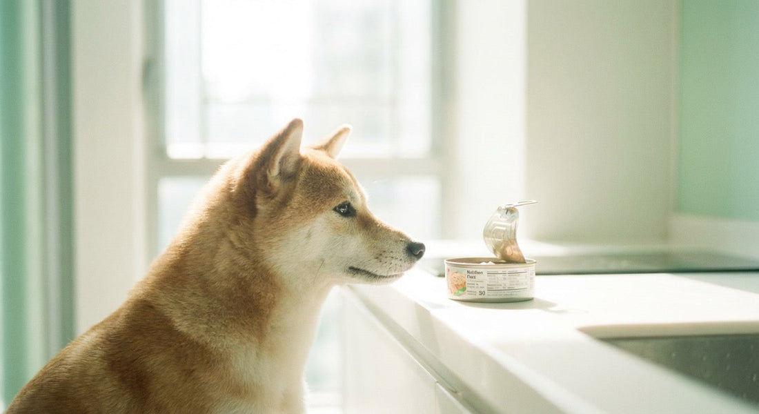 Shiba Inu looking at open canned tuna on kitchen counter, illustrating risks of canned tuna for dogs