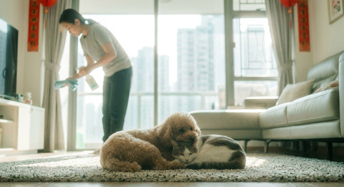 poodle and cat resting calming in a hong kong apartment while owner cleaning 