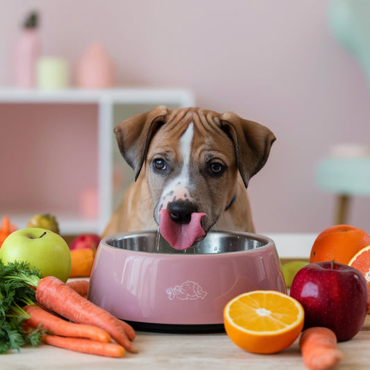 Cute dog drinking water from a clean bowl with water droplets around