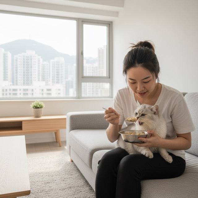 cat eating furry green fresh pet food