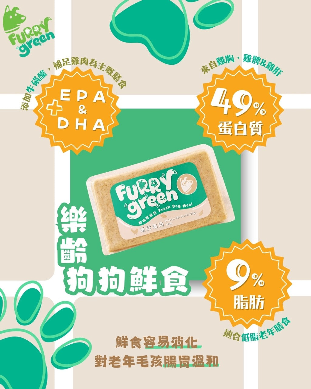 A dog fresh food for senior dog  package by Furry Green, shown on a beige background with green paw-print graphics and promotional text in Chinese. The package is centered on a green panel, with orange callout badges highlighting protein and fat content