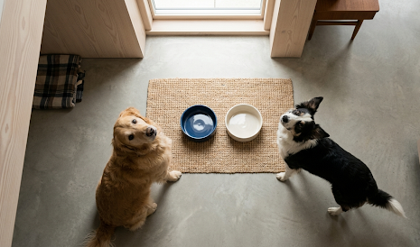 Two dogs standing on a concrete floor with two bowls in front of them.