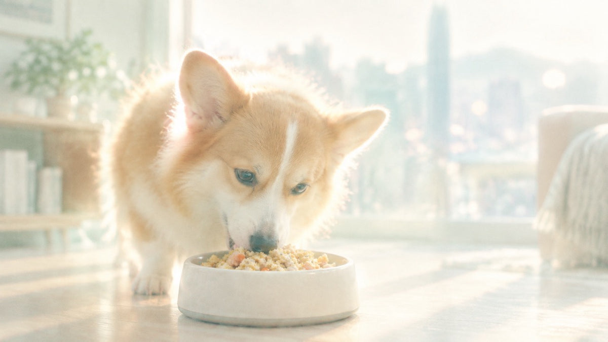 A fluffy tan and white corgi dog eating from a white ceramic bowl in a bright, sunlit room with a blurred city skyline in the background.