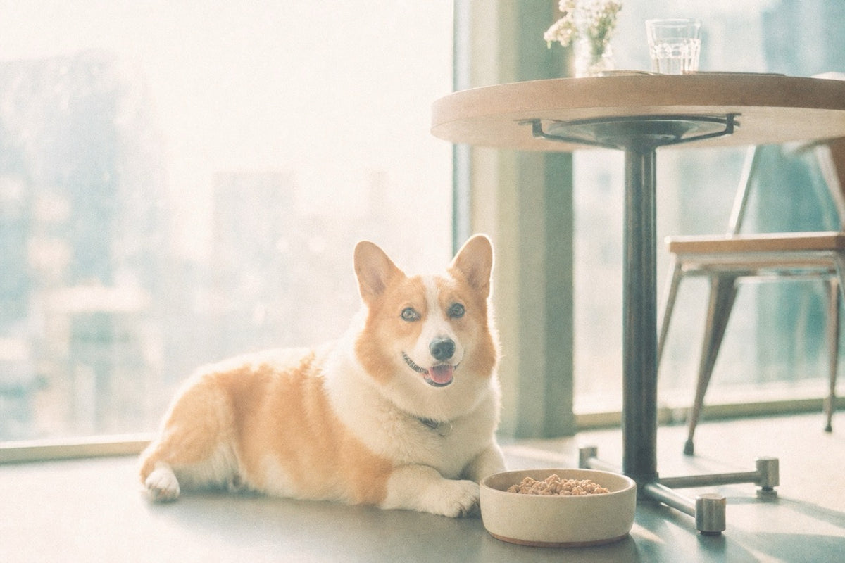 A corgi dog lies on a floor beside a bowl of food in a bright indoor setting with a table and window in the background.